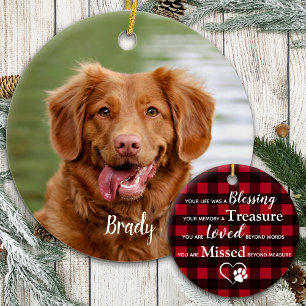 Custom Dog Photo Keepsake Red Plaid Pet Memorial Ceramic Tree Decoration