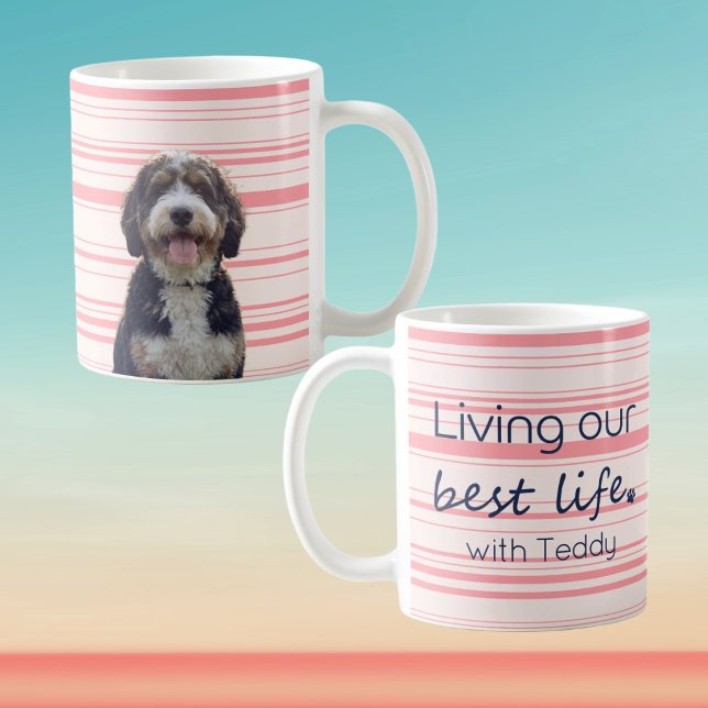 Custom Dog Photo Mug Muted Pink Stripe Name (Creator Uploaded)