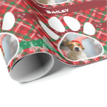 Custom Dog Photo & Name, Dog Paw Green Red Tartan Wrapping Paper<br><div class="desc">Personalised Pet Christmas Wrapping Paper,  Custom Name Dog Christmas Wrapping Paper</div>