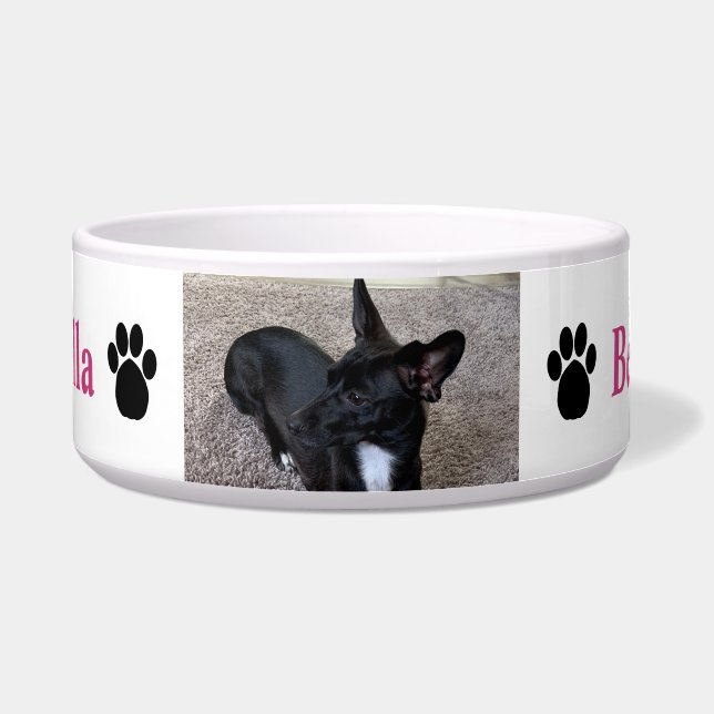 Custom Dog Photo Name Paw Prints Pink Bowl (Front)