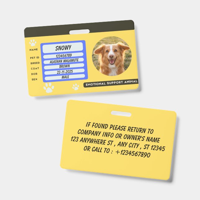 Custom Dog Photo Pet ID Card Badge (Front & Back)