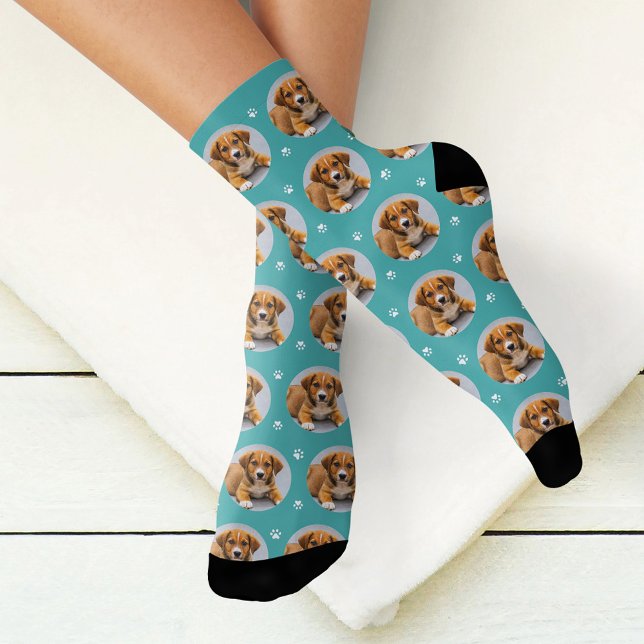 Custom Dog Photo Teal Blue Paw Print Socks (Creator Uploaded)