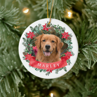 Custom Dog Photo with Name Wreath Ceramic Tree Decoration
