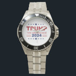 Custom Donald Trump 2024 Take America Back Watch<br><div class="desc">Show your support in style with our Custom Donald Trump 2024 Take America Back Watch! This bold timepiece features the Take America Back slogan, making a statement of patriotism and commitment to the 2024 election. With a customisable watch face design and durable, high-quality materials, this accessory is both functional and...</div>