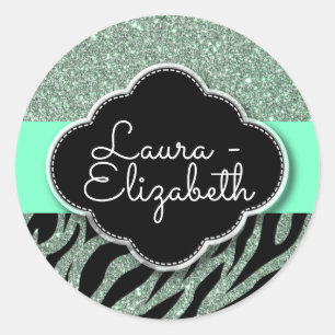 Custom Double Name Tag Girly Glitter Teal Zebra