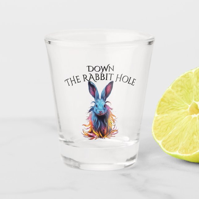 Custom Down the Rabbit Hole Blue Bunny Shot Glass (Front)
