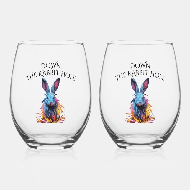 Custom Down the Rabbit Hole Blue Bunny Stemless Wine Glass (Front)
