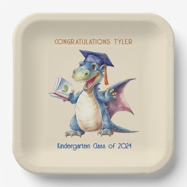 Custom Dragon Kindergarten Graduate Square Paper Plate (Front)