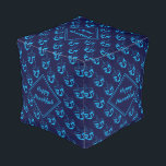 Custom Dreidel Hanukkah Pouf<br><div class="desc">Stylish midnight navy blue CUBE POUF to celebrate HANUKKAH. Navy and cyan blue colour theme with all over cyan DREIDEL print. There is customisable placeholder text on the front which says HANUKKAH BLESSINGS so you can personalise with your own greeting and/or name (of similar length). Matching home decor and other...</div>