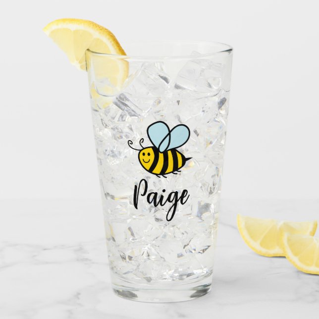Custom drink glass with cute animated bee logo (Front Ice)