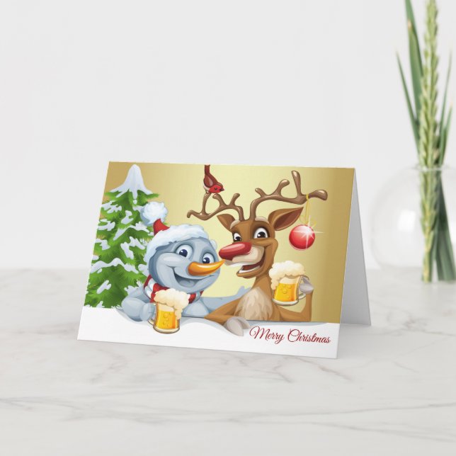 Custom Drinking Santa and Reindeer Holiday Card (Front)