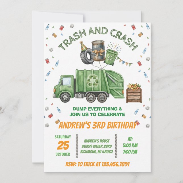 Custom Dump Truck Trash Bash Birthday Invitation (Front)
