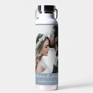 Custom Dusty Blue Calligraphy Add Your Own Photo Water Bottle