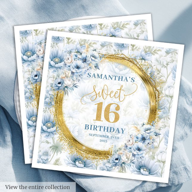 Custom Dusty Blue Sweet 16 Gold Glitter Birthday  Napkin (Custom Dusty Blue Sweet 16 Gold Glitter Birthday Napkins)
