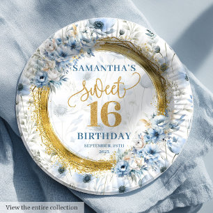 Custom Dusty Blue Sweet 16 Gold Glitter Birthday  Paper Plate