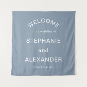 Custom Dusty Blue White Text Welcome to Wedding Tapestry