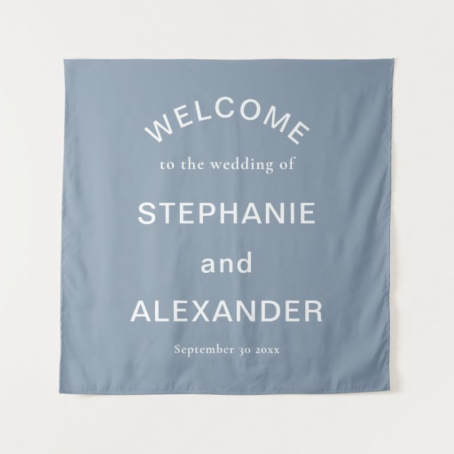 Custom Dusty Blue White Text Welcome to Wedding Tapestry (Front)