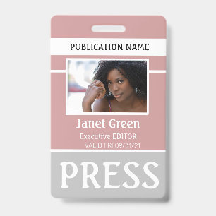 Custom Dusty Pink Photo ID Reporter Press Pass ID Badge