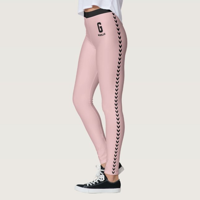 Custom Dusty Rose Black Stripes Pattern  Monogram Leggings (Left)