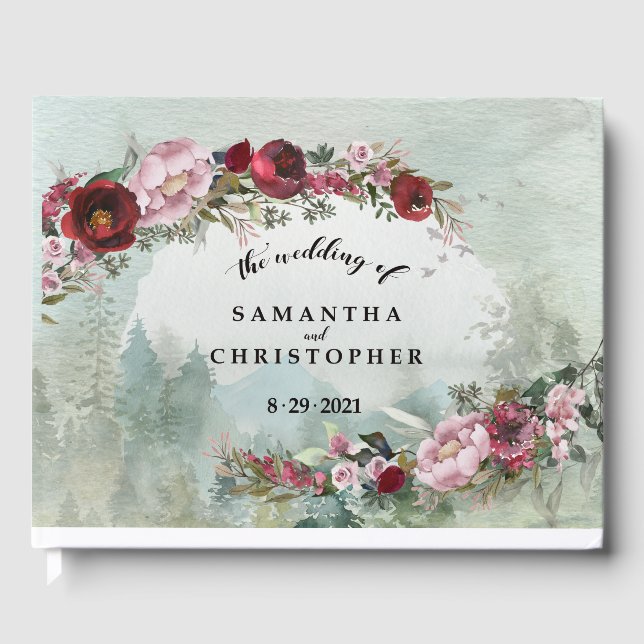 Custom Dusty Rose Burgundy Woodland Wedding Guest Book (Front)