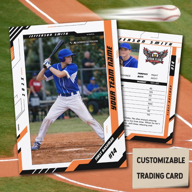 Custom Dynamic Orange Baseball Player Trading Card (Celebrate your season with a custom baseball trading card made just for you.)