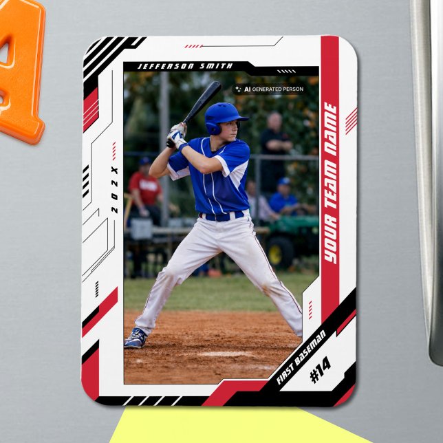 Custom Dynamic Red Baseball Player Photo Magnet (Create a Personalized Baseball Photo Magnet They'll Treasure for Years)