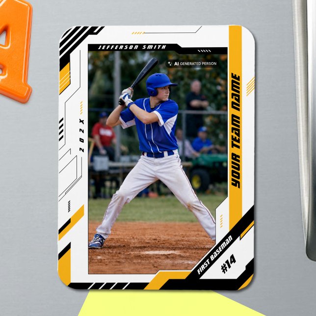 Custom Dynamic Yellow Baseball Player Photo Magnet (Make Every Baseball Memory Last with a Custom Yellow Photo Magnet)