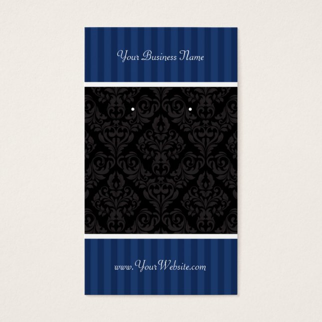 Custom Earring Cards Dark Blue Black Damask Stripe (Front)