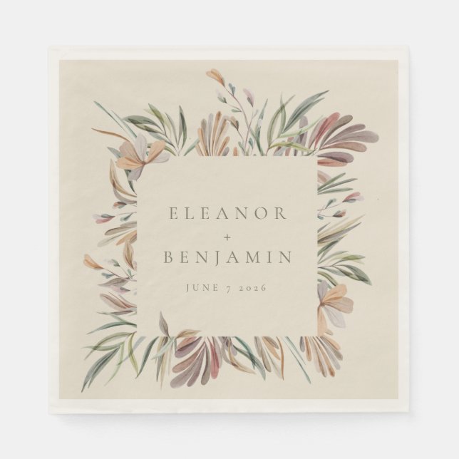 Custom Earthy Rustic Botanical Wedding Names Napkin (Front)