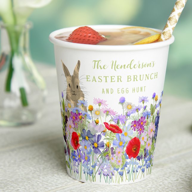 Custom Easter Brunch Egg Hunt Bunny Wildflowers Paper Cups (Personalized Easter brunch egg hunt cute bunny watercolor spring wildflower florals paper cup)