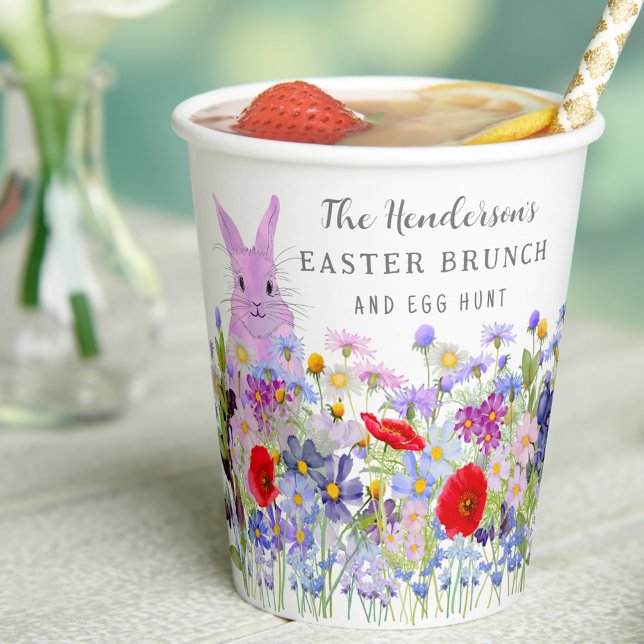 Custom Easter Brunch Egg Hunt Pink Bunny Floral Paper Cups (Personalized Easter brunch egg hunt cute pink bunny spring floral paper cup Watercolor wildflowers)
