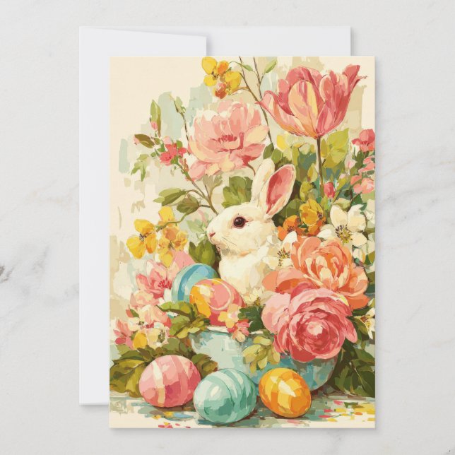 Custom Easter Card with Flowers and Easter Bunny (Front)