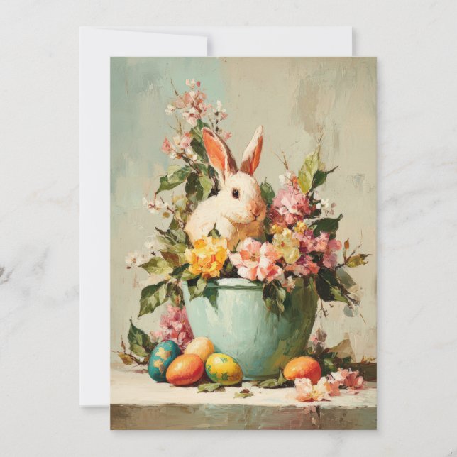 Custom Easter Card with Flowers and Easter Bunny (Front)