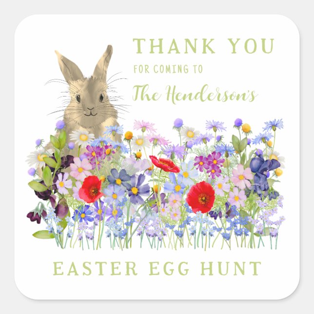 Custom Easter Egg Hunt Bunny Floral Thank You Square Sticker (Front)