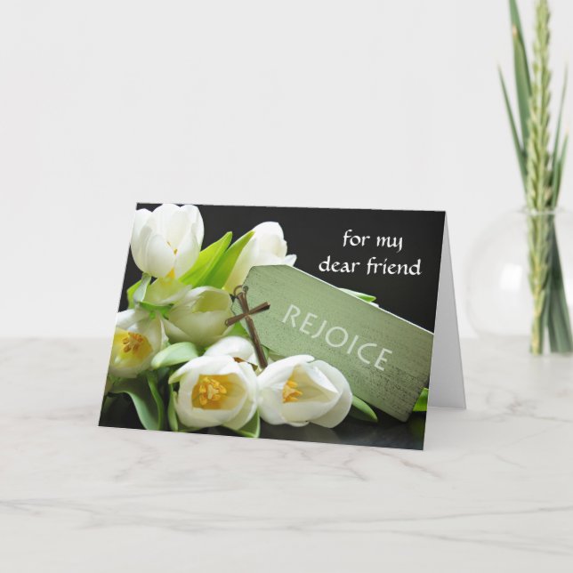 Custom Easter for Friend, White Tulips and Cross Holiday Card (Front)