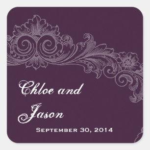 Custom Eggplant Purple Vintage Floral Wedding Square Sticker