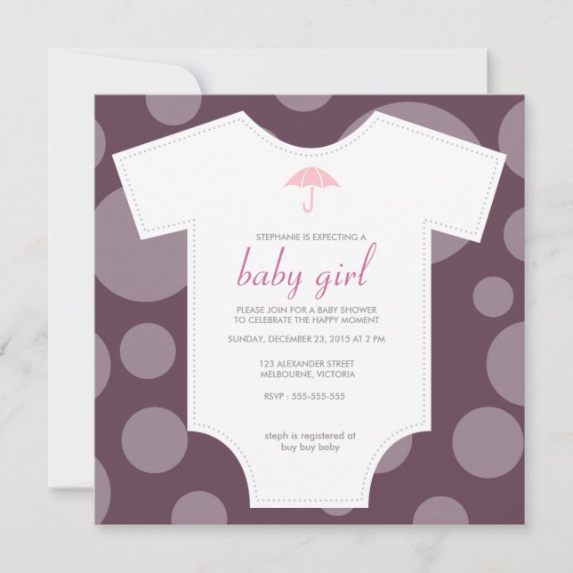 Custom eggplant shirt baby shower invitation (Front)
