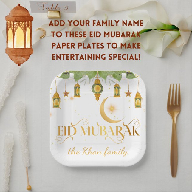 Custom "Eid Mubarak" White Gold Lanterns + Moon Paper Plate (Make Eid extra special with these festive elegant white/gold "Eid Mubarak" family name paper plates!)