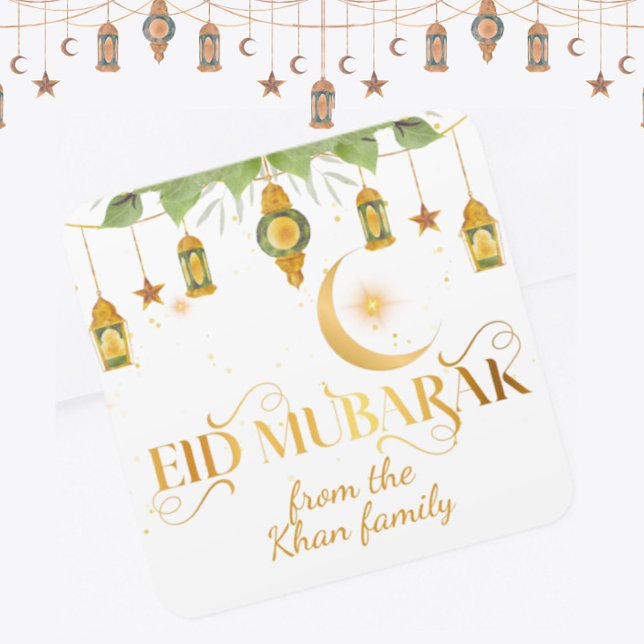 Custom "Eid Mubarak" White Gold Lanterns + Moon Square Sticker (Spread the joy of the blessed season with these elegant custom Eid Mubarak stickers in white + gold!)