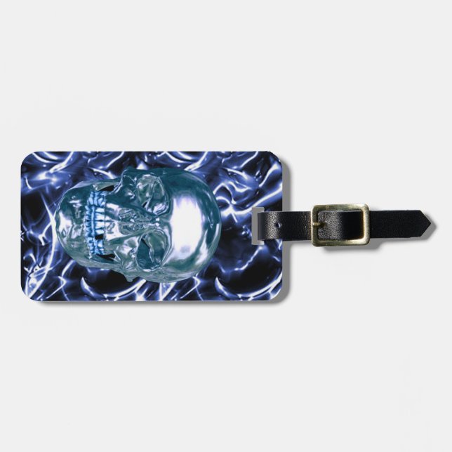 Custom Electric Blue Chrome Skull Luggage Tag (Front Horizontal)