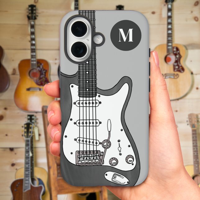 Custom Electric Guitar Grey Black White Monogram Case-Mate iPhone Case (Personalized electric guitar monogram black white gray iPhone case gift for guitarist musicians )