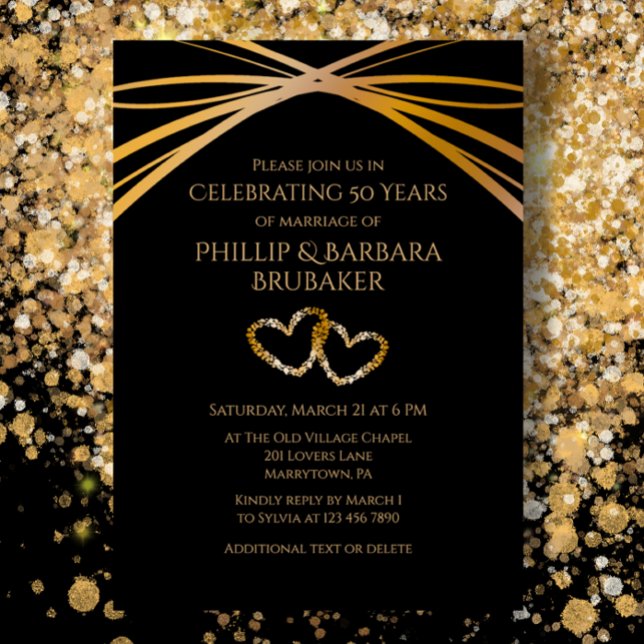 Custom Elegant 50th Anniversary Original Hearts Invitation (Custom 50th Wedding Anniversary Party Invitation, Golden Modern on Black, romantic hearts.)