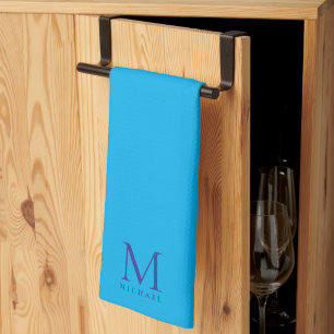 Custom Elegant Azure Blue Monogram Simple Template Tea Towel