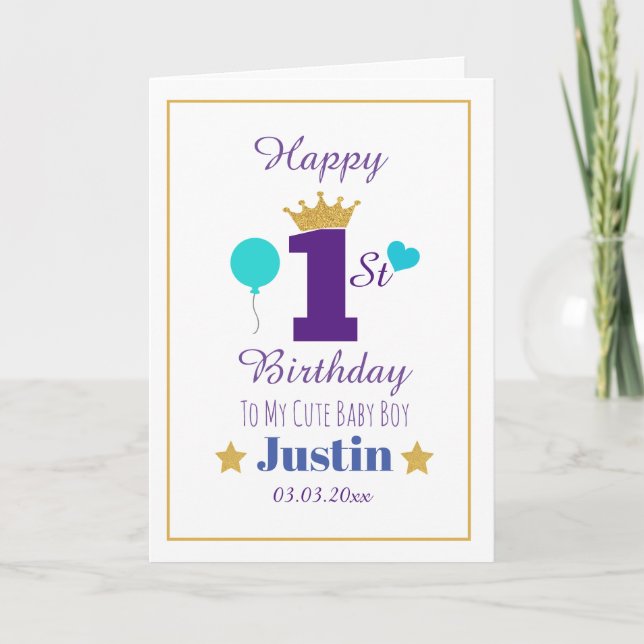 Custom Elegant Baby Boy's 1st Birthday Greeting Card (Front)