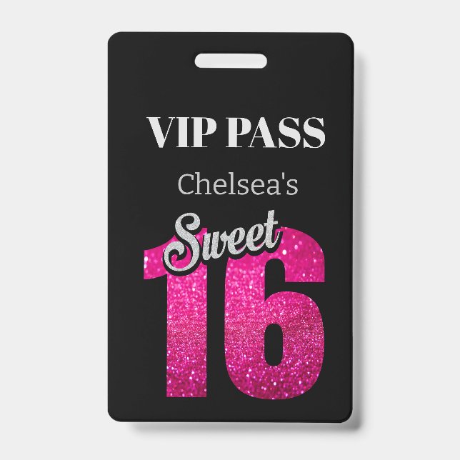 Custom Elegant Birthday Black Sweet 16 VIP ID Badge (Front)