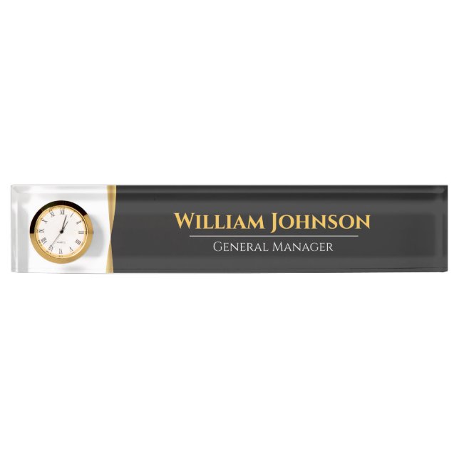 Custom Elegant Black and Gold Desk Clock Nameplate (Front)