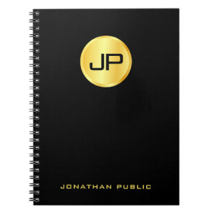 Custom Elegant Black And Gold Monogram Template Notebook