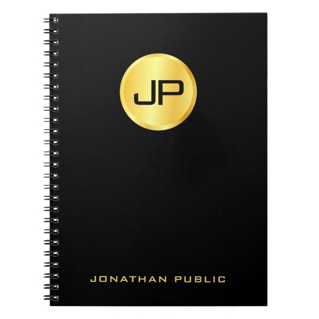Custom Elegant Black And Gold Monogram Template Notebook (Front)