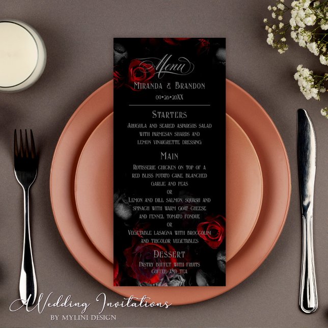 Custom Elegant Black and Red Floral Wedding Menu (Creator Uploaded)