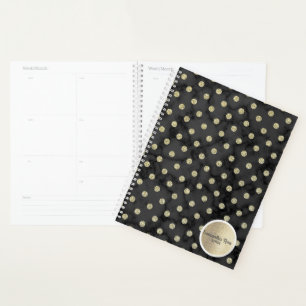 Custom Elegant Black Marble Gold Polka Dots Planner